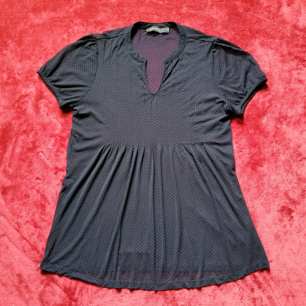 The Limited Blouse Women's Medium Black Red Polka Dot Short Sleeve Tunic Sheer